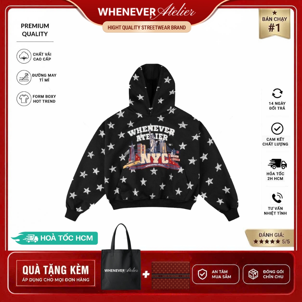 Whenever Atelier | Áo Hoodie Whenever Star Girl Hoodie Vải Nỉ Bông Form Boxy Vải Cao Cấp -Black