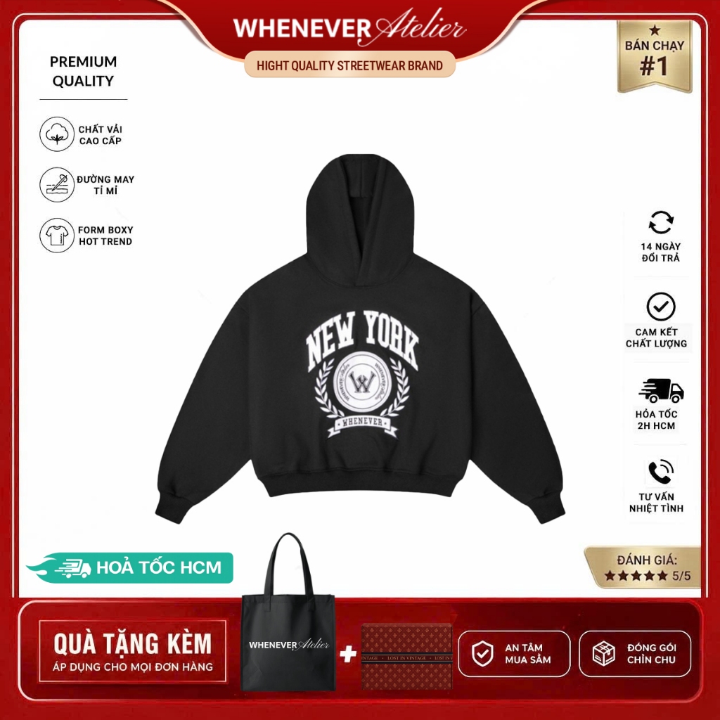 Whenever Atelier | Áo Hoodie Whenever NY Hoodie Form Boxy Vải Nỉ Bông Cao Cấp - Black