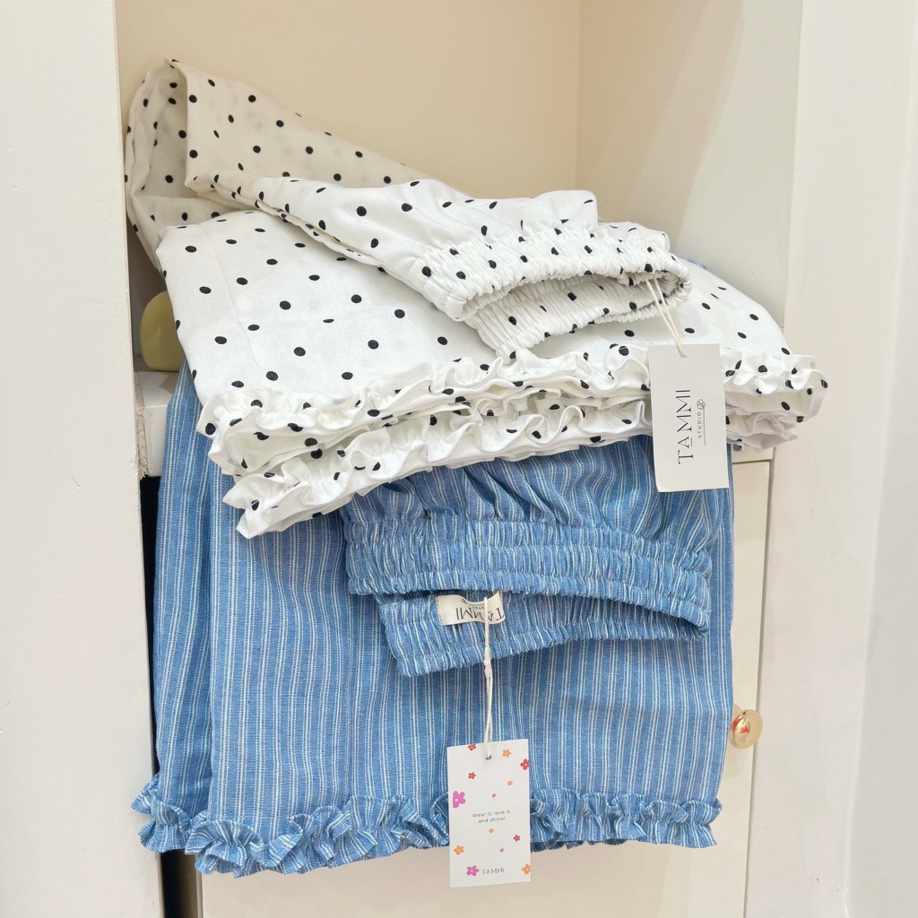 𝐑𝐮𝐟𝐟𝐥𝐞 𝐏𝐚𝐧𝐭𝐬 | 𝐓𝐀𝐌𝐌𝐈 | Quần dài ống rộng linen chấm bi/kẻ sọc lưng thun viền bèo