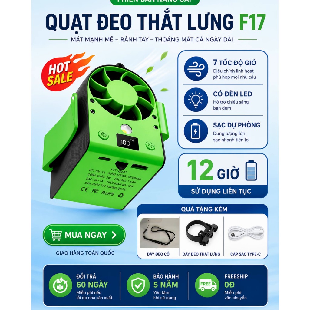Quạt Đeo Thắt Lưng TIREK F17(Like New 99% Đủ Bảo Hành, Phụ Kiện), Quạt Mini Pin Khủng 15000Mah, Siêu