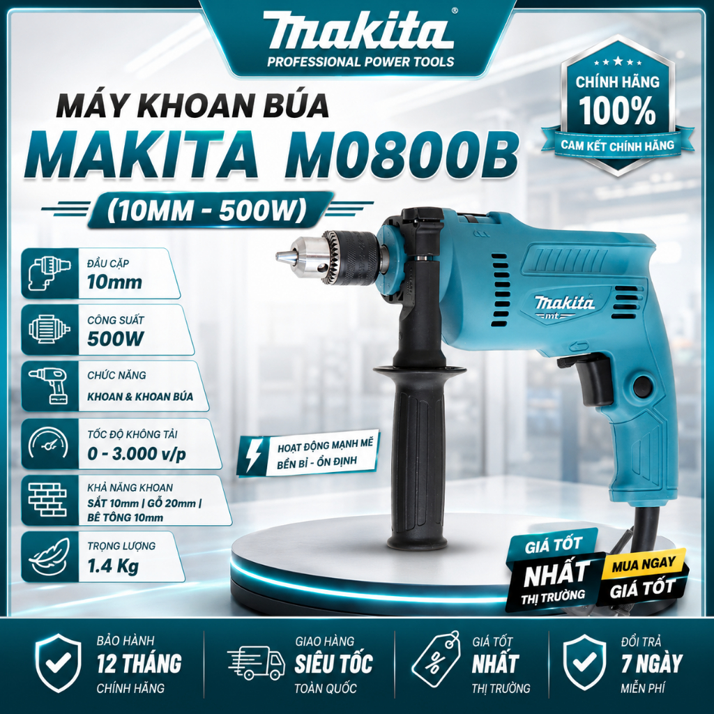 Máy Khoan Điện Makita M0800B 500W | Đầu Cặp 10mm | Khoan Bê Tông, Gỗ, Sắt