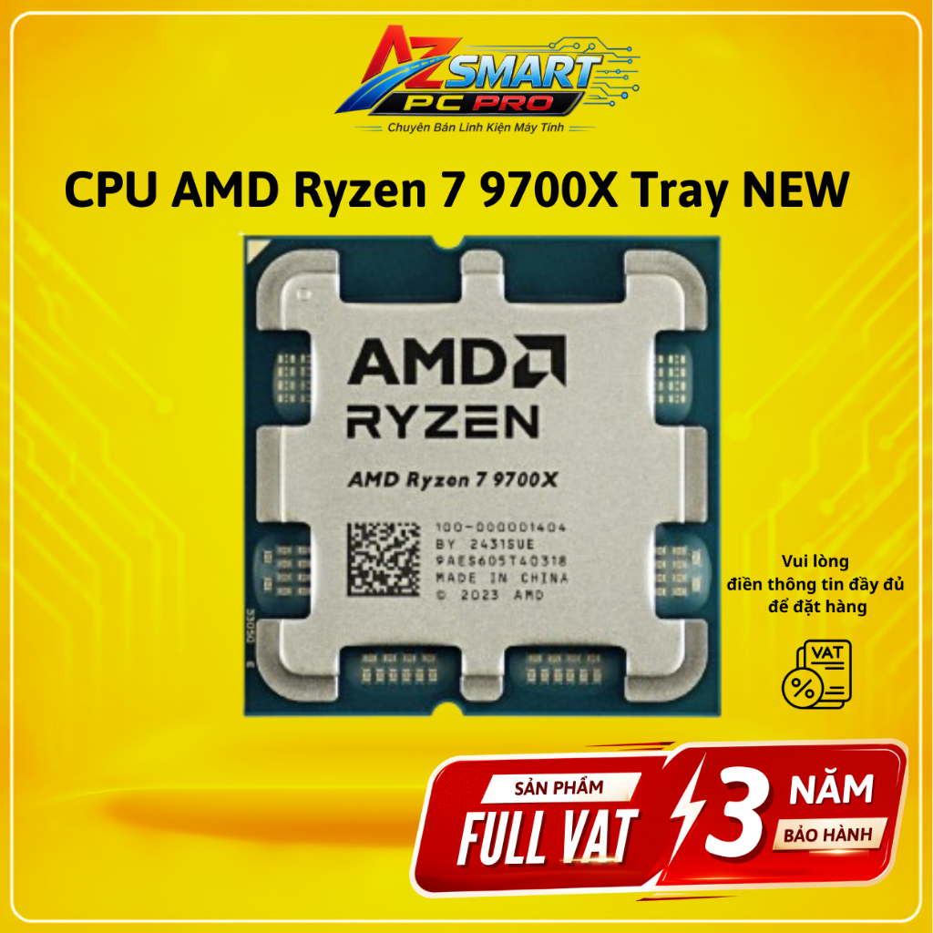 CPU AMD Ryzen 7 9700X Tray 8 Nhân 16 Luồng BH 36 Tháng Full VAT, Hiệu Năng Cao Azsmart PC