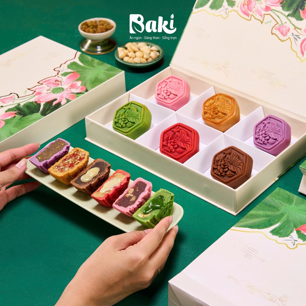 Set 6 bánh trung thu mini công thức healthy 75gr/bánh có hộp giỏ đựng Baki Foods