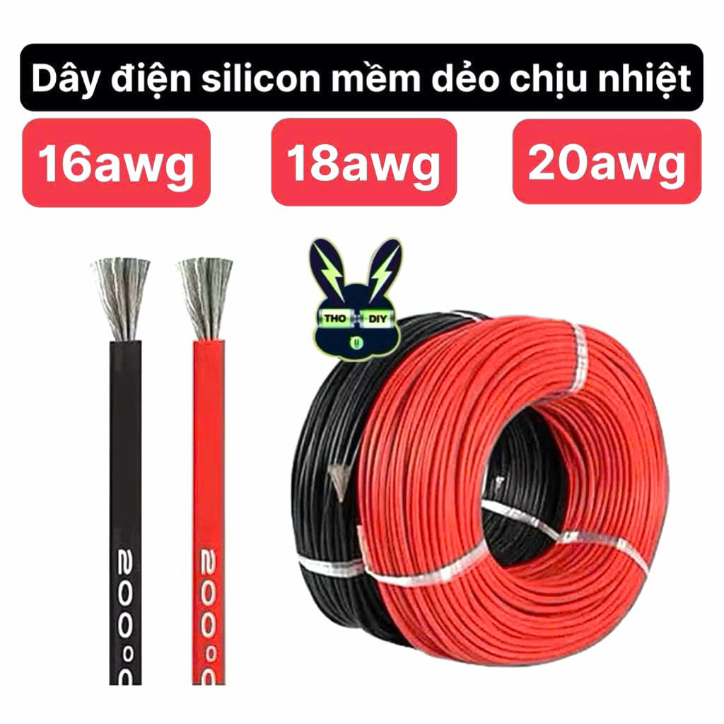 COMBO 3mét dây điện silicon mềm dẻo chống cháy, chịu nhiệt 18AWG 20AWG
