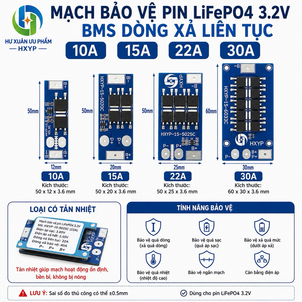 Mạch BMS 1S LiFePO4 3.2V 1S 10A 15A 22A 30A - Mạch Bảo Vệ Pin Sạc Xả