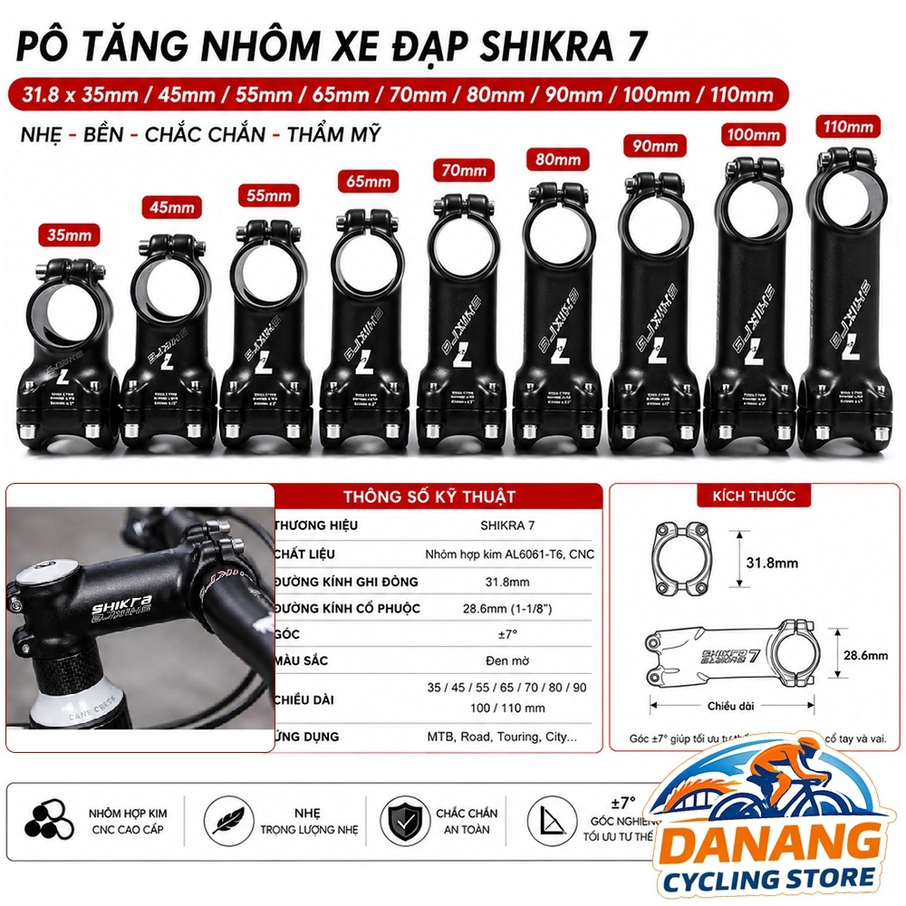Pô Tăng Nhôm Xe Đạp SHIKRA 7 – Kẹp Ghi Đông 31.8mm – Nhiều Kích Thước
