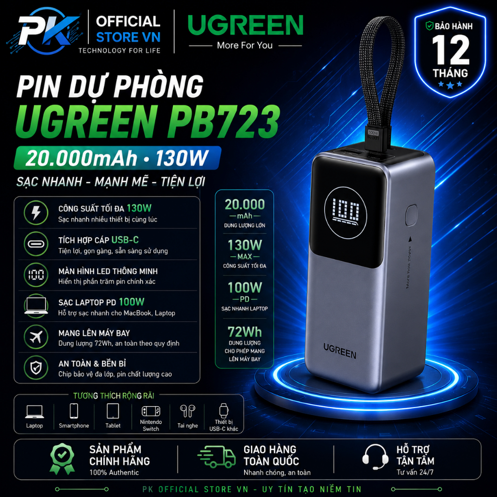 Pin Dự Phòng UGREEN PB723 20000mAh 130W Tích Hợp Cáp Sạc - BH 12 Tháng