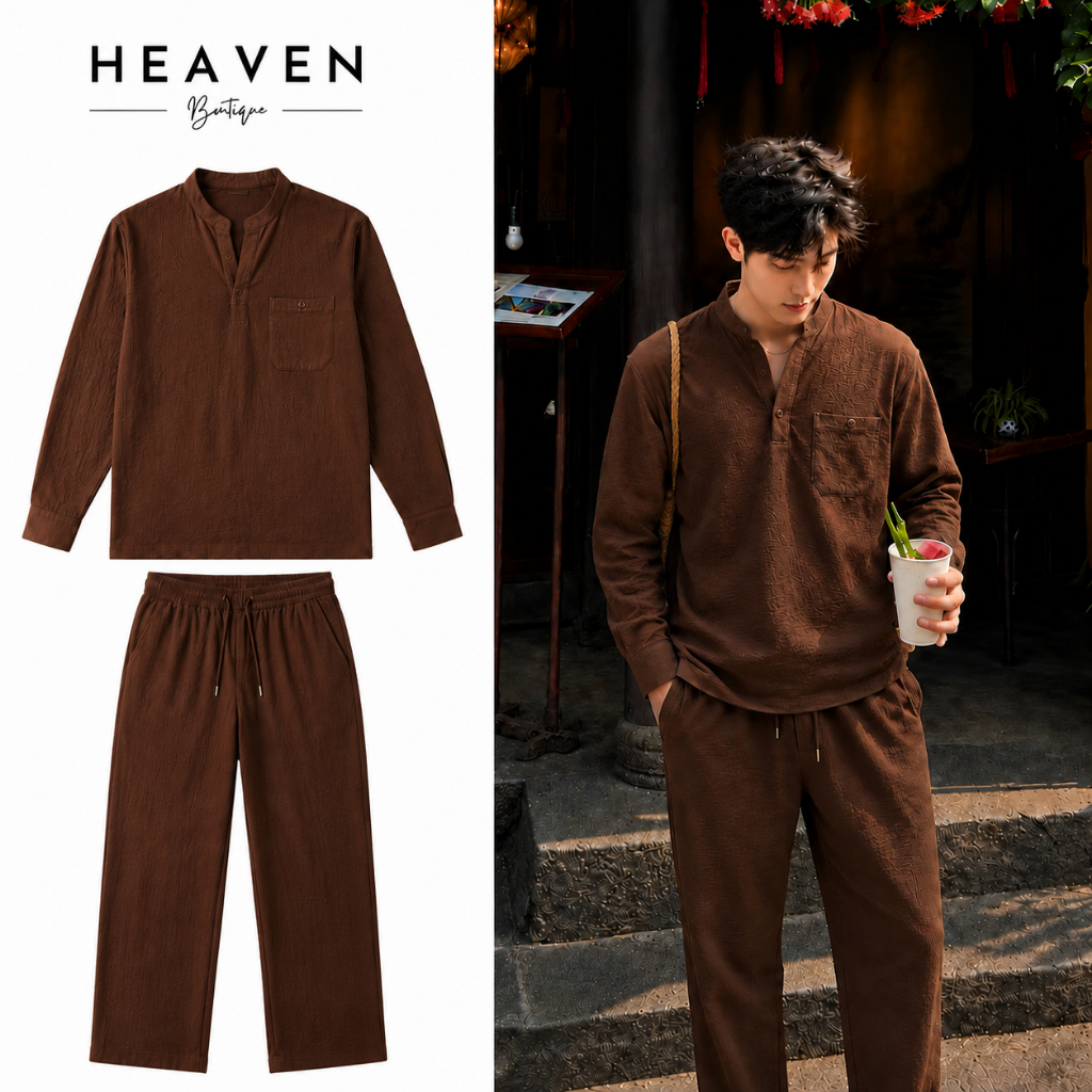 Set Đồ Bộ Nam Dài Tay Cổ Tàu Chất Đũi Vân Mây HEVEN Form Suông Phong Cách Hàn Quốc