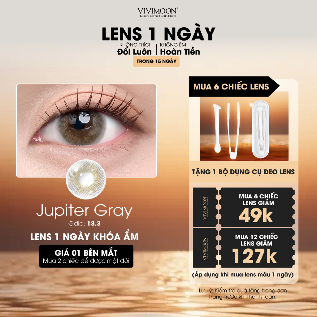 01 Chiếc Lens khóa ẩm cận 1 ngày Jupiter Gray VIVIMOON màu xám pha ánh vàng (Giá 1 bên mắt, x2 để đặ