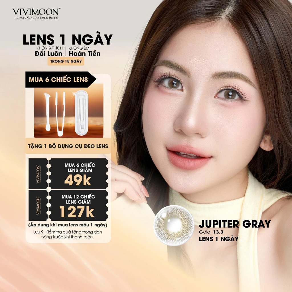 VIVIMOON lens cận 1 ngày Jupiter Gray, kính áp tròng khóa ẩm màu xám pha ánh vàng (Giá 1 chiếc, x2 đ