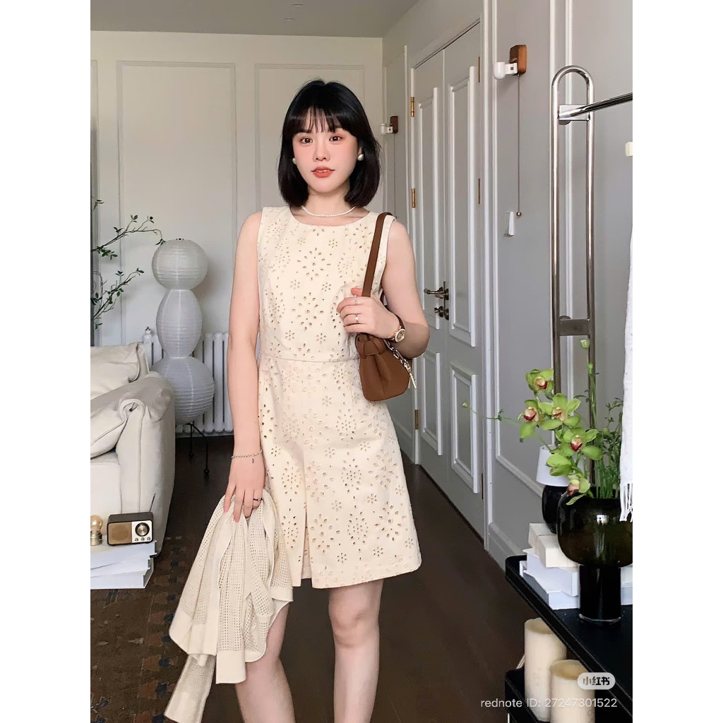 [ Deal mở bán] Váy thô thêu cổ tròn sát nách dáng chữ A tôn dáng nhẹ nhàng thanh lịch Diary_Store DV
