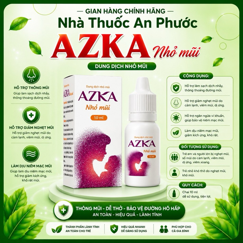 COMBO 2 chai NHỎ MŨI AZKA⚡CAM KẾT CHÍNH HÃNG ⚡Làm sạch giảm tắc nghẽn mũi 10ml