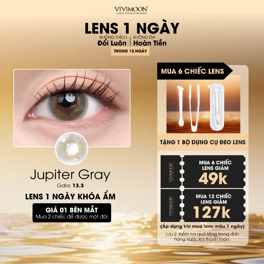 VIVIMOON lens cận khóa ẩm 1 ngày màu xám pha ánh vàng Jupiter Gray (Giá 01 chiếc/01 bên mắt - x2 để 