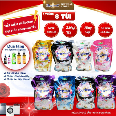 [1 Thùng] Combo 8 Túi nước giặt đậm đặc HygienC Plus+ - Khối lượng 2.6Kg - CB8T1