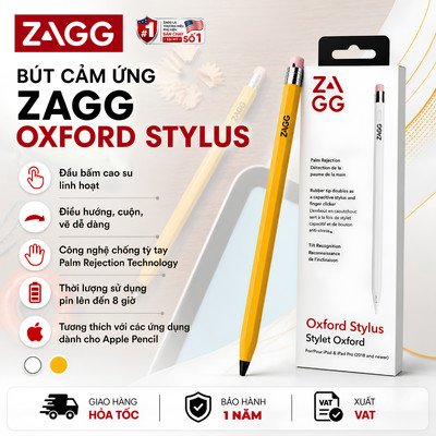[TẶNG CỦ 20W] Bút Cảm Ứng iPad ZAGG Oxford Stylus Dành Cho iPad Air/Pro 2018–2025, Sạc USB-C, Bảo Hành 1 Năm