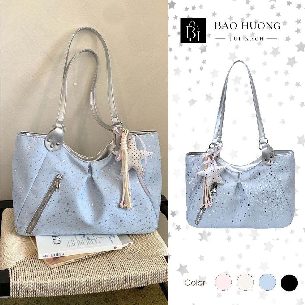 Túi Tote Vải Họa Tiết Ngôi Sao, Túi Xách Đeo Vai Cỡ Lớn Đựng Vừa A4 Kèm Charm Sao