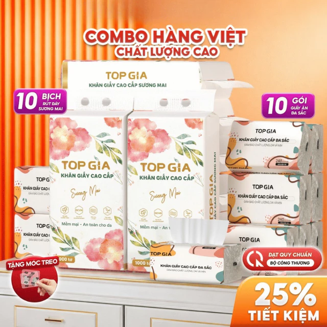 [Combo Nhà gọn-Tiết kiệm] Thùng 10bịch giấy ăn sương mai bịch lớn và 4 bịch giấy rút TopGia cao cấp