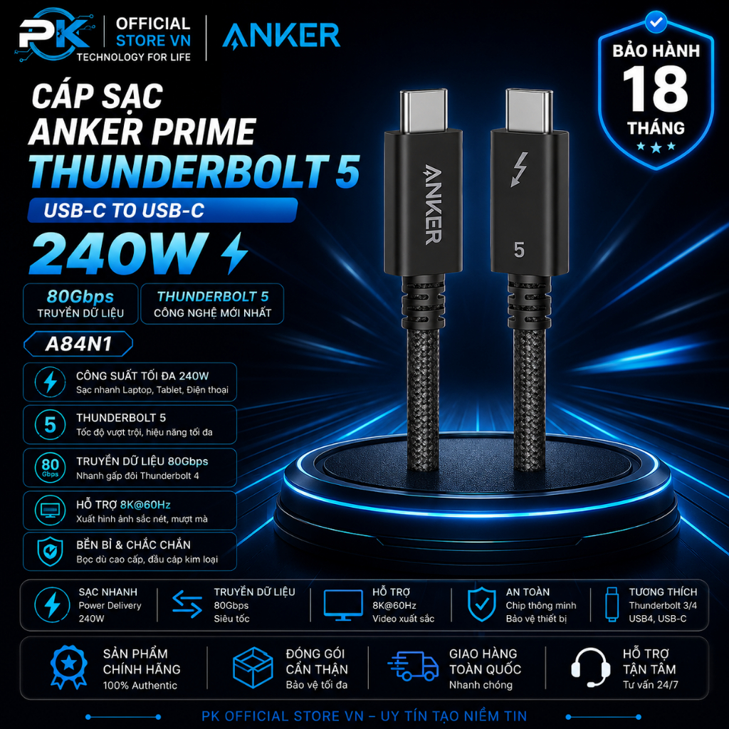Cáp Sạc Anker Prime Thunderbolt 5 USB-C to USB-C 240W 80Gbps A84N1 - BH 18 Tháng