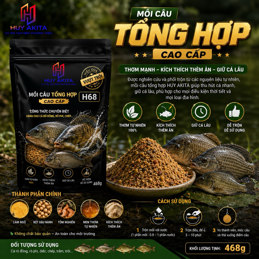 Mồi câu cá tổng hợp H68 cao cấp phù hợp mọi loài cá