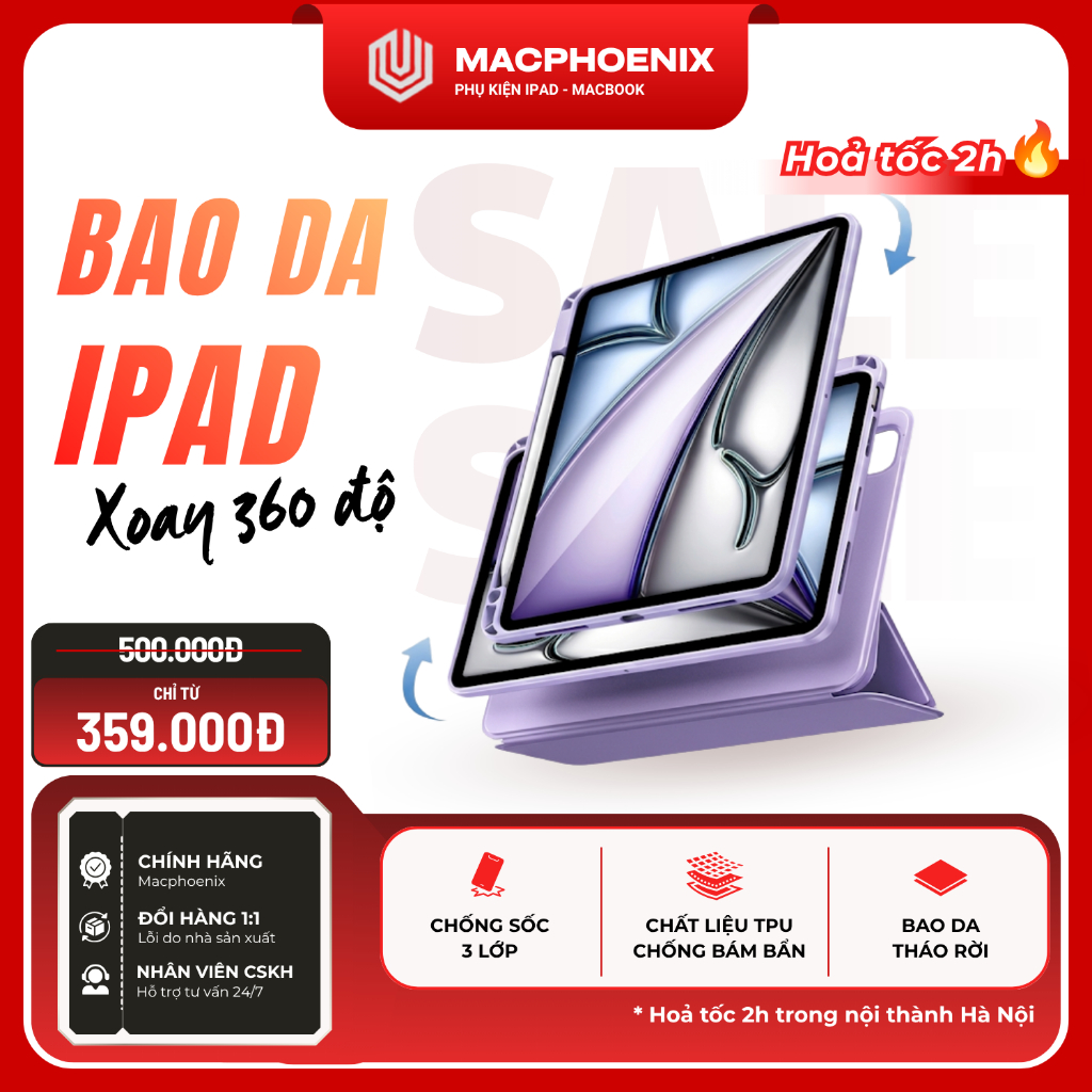 Bao Da iPad Chữ Y Xoay 360 Độ Chống Sốc Tháo Rời Linh Hoạt Cho iPad Pro/Mini/Gen/Air P19 Macphoenix