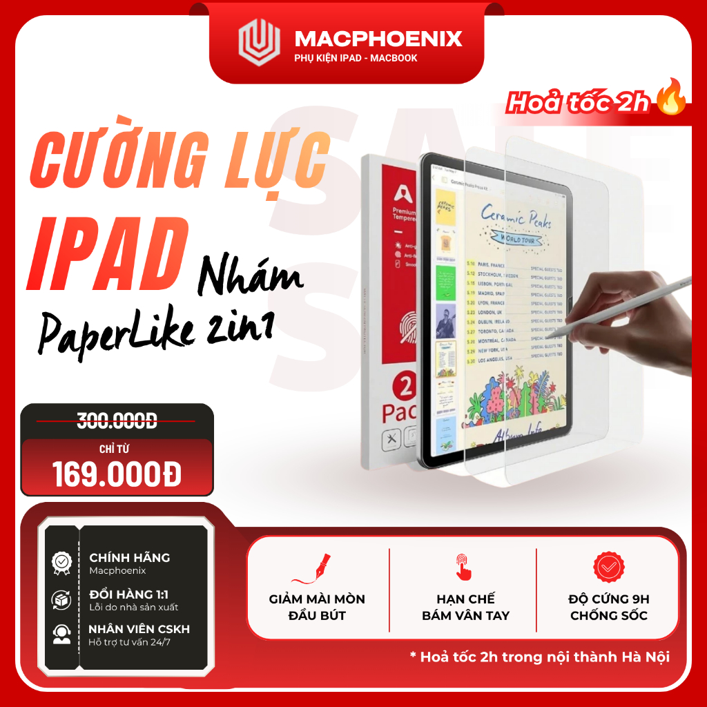 [PaperLike 2in1] Cường Lực Nhám iPad Macphoenix, Viết Vẽ Như Giấy Cho Đủ Dòng Gen/Mini/Air/Pro - C04