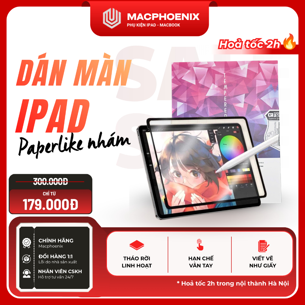 [Paperlike Nhám Mịn] Dán Màn Hình iPad Macphoenix, Nano Tháo Rời, Chống Chói, Viết Vẽ Như Giấy - C05