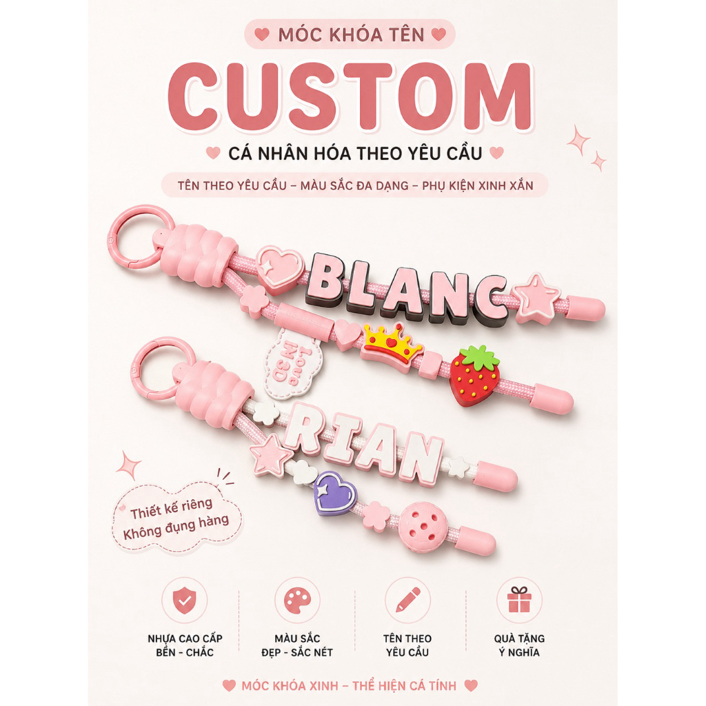 Móc Khóa Tên Tùy Chọn Handmade - Dây Treo Điện Thoại Cá Nhân Hóa Kèm Charm Theo Yêu Cầu