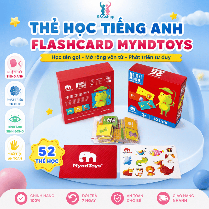 Bộ Thẻ Học Tiếng Anh Animal Alphabet MyndToys 52 Thẻ – Flashcard Nhận Biết Chữ Cái & Con Vật Cho Bé 
