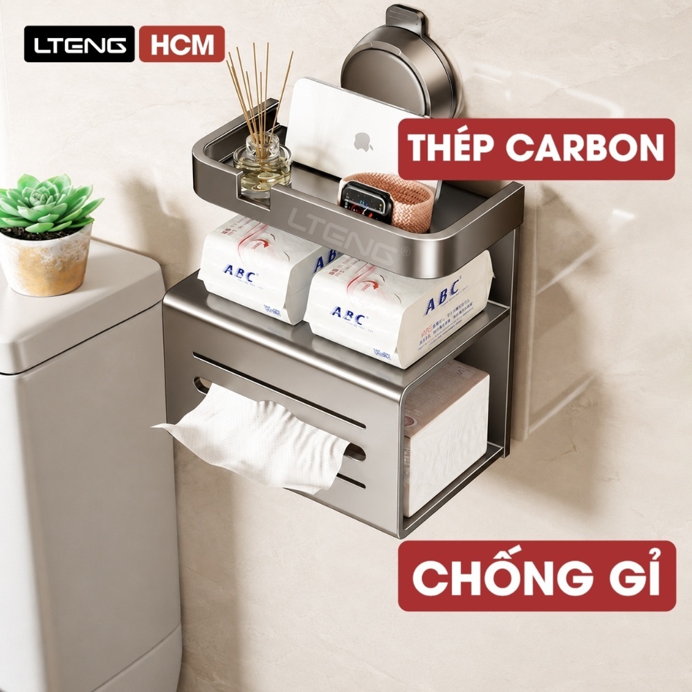 Kệ Để Giấy Vệ Sinh LTENG Hút Chân Không 2 Tầng Thép Carbon, Hộp Đựng Giấy Đa Năng Không Khoan Tường