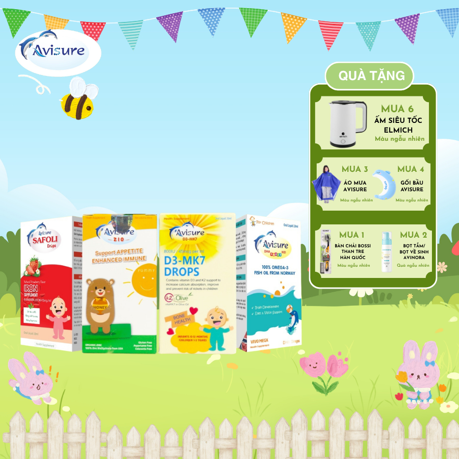 [QUÀ Y HÌNH] Bộ tứ Avisure D3MK7, Avisure DHA smart Kid, Avisure Safoli Drop, Avisure ZiO bổ sung to