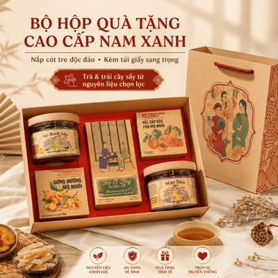 Bộ Hộp Quà Tặng Cao Cấp, Nắp Cót Tre Độc Đáo, Trà, Trái Cây Sấy, Nguyên Liệu Chọn Lọc, Kèm Túi Giấy
