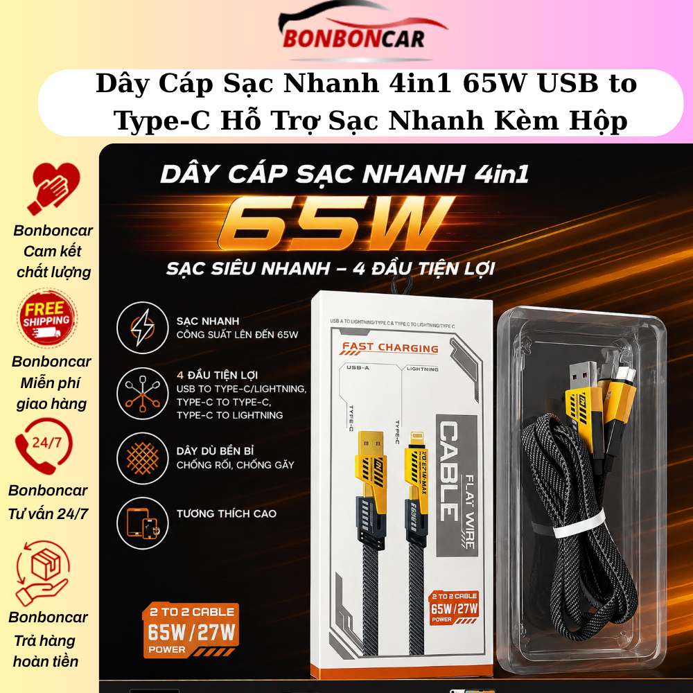 Dây Cáp Sạc Nhanh 4in1 65W USB to Type-C/Lightning, Type-C to Type-C, Type-C to Lightning, Hỗ Trợ Sạ