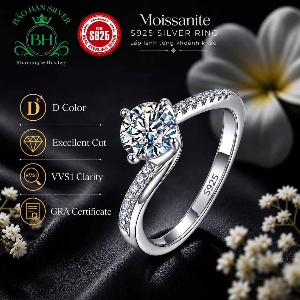 Moissanite 6.5ly 1carat Nhẫn bạc nữ Moissanite nhẫn kim cương Moissanite bạc 925 nhẫn cầu hôn bạc nh