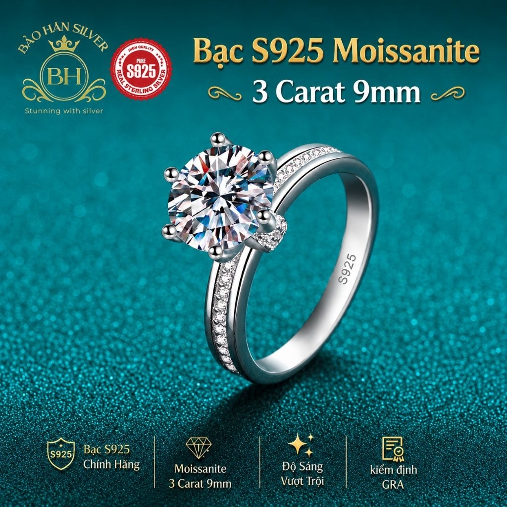 Moissanite 9ly 3 carat Nhẫn bạc nữ Moissanite nhẫn kim cương Moissanite bạc 925 nhẫn cầu hôn bạc nhẫ