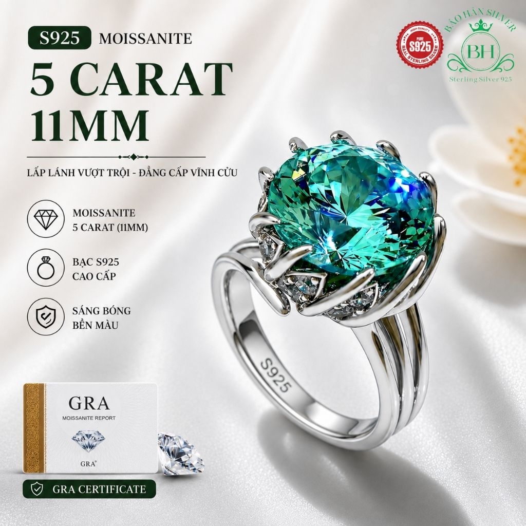 Moissanite 11ly 5 carat Nhẫn bạc nữ Moissanite nhẫn kim cương Moissanite bạc 925 nhẫn cầu hôn bạc nh