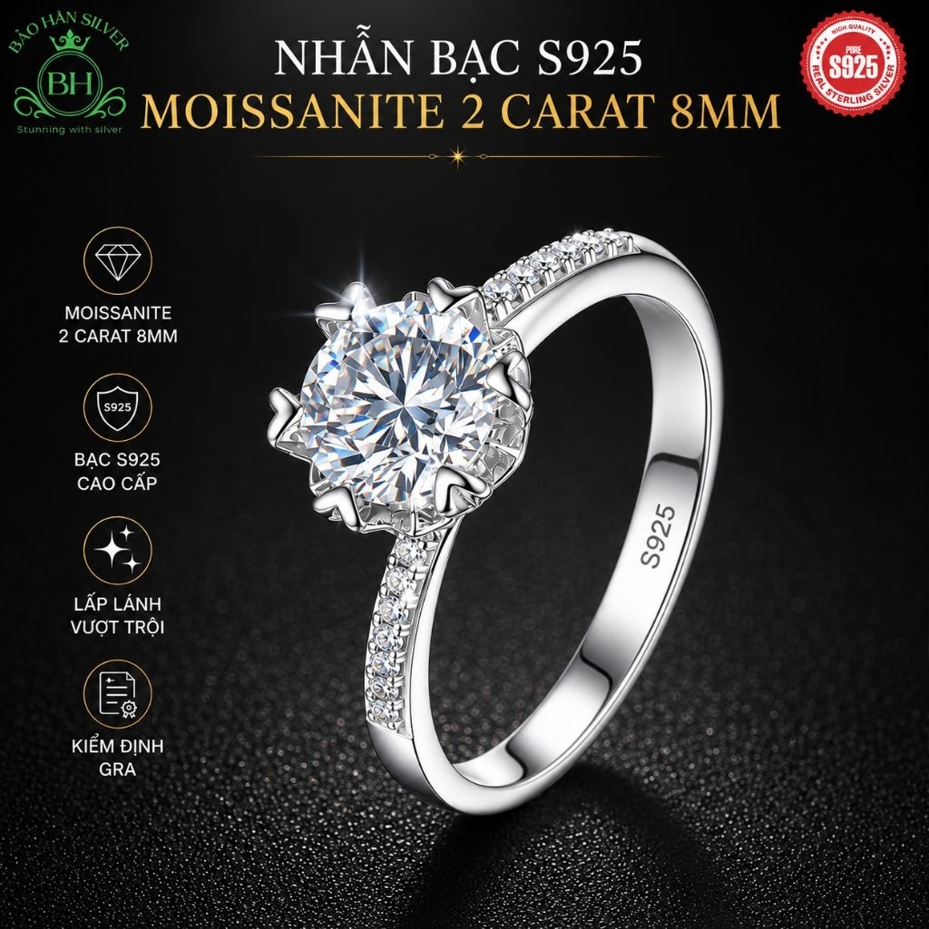 Moissanite 8ly 2 carat Nhẫn bạc nữ Moissanite nhẫn kim cương Moissanite bạc 925 nhẫn cầu hôn bạc nhẫ
