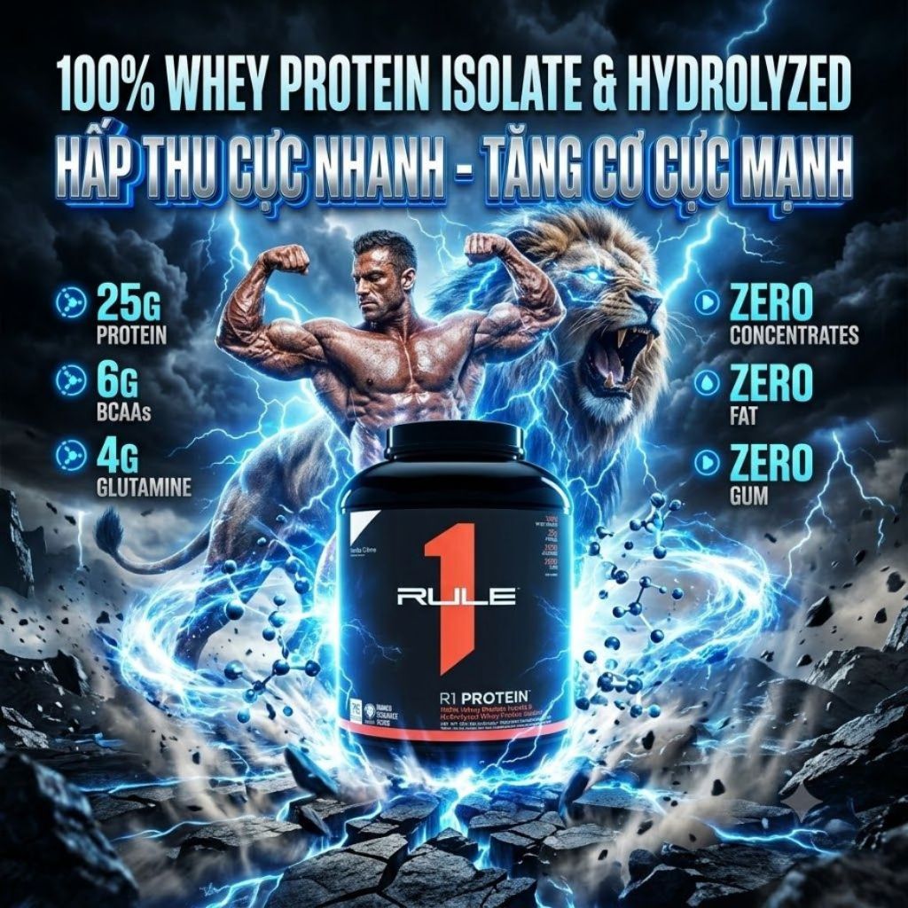 Sữa bột Rule 1 5Lbs 2,3kg Whey Protein Isolate & Hydrolyzed hấp thu cực nhanh, Zero Concentrates, Ze