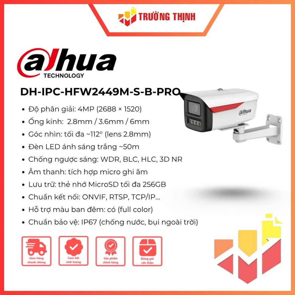 Camera IP WizColor 4MP Dahua DH-IPC-HFW2449M-S-B-PRO | 4MP | Có màu ban đêm | Tích hợp Mic | IP67