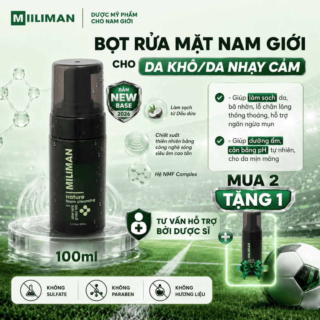 Sữa Rửa Mặt Nam Da Khô, Da Nhạy Cảm MILIMAN 100ml | Dạng Bọt Lành Tính, Dịu Da, Cấp Ẩm Tuyệt Hảo
