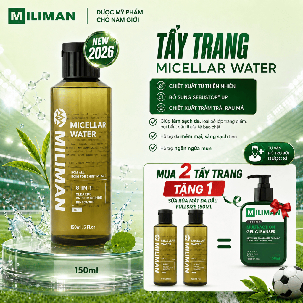 Tẩy Trang Nam MILIMAN 2026 150ML | Micellar Water Làm Sạch Sâu Cặn Bẩn, Bã Nhờn, Hỗ Trợ Ngừa Mụn