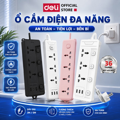 Ổ Cắm Điện DELI 2026 Đa Năng Sạc Nhanh 20W TypeC USB Ổ Điện Nhiều Lỗ Công Suất 2500W Lõi Chống Giật Dây 3M/5M