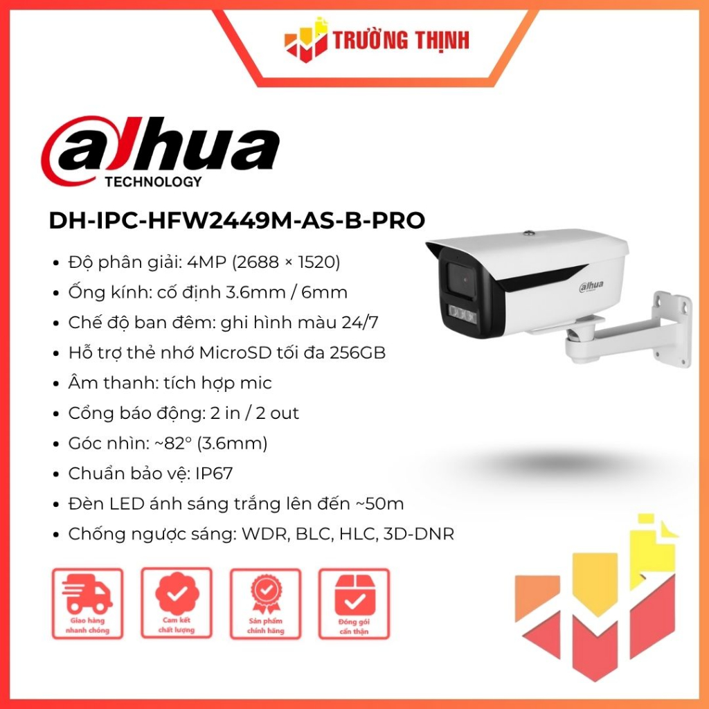 Camera IP Dahua DH-IPC-HFW2449M-AS-B-Pro LED | 4MP | Tích hợp Mic | Chống ngược sáng | IP67