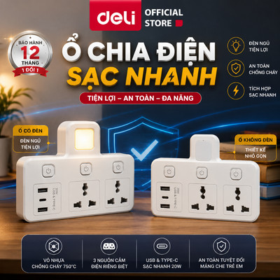 Ổ Cắm Chia Điện Deli Kèm Đèn Ngủ Ổ Cắm Điện Chữ T Công Suất 2500W Ổ Điện Nhiều Nguồn Có Cổng USB &TypeC Sạc Nhanh 20W