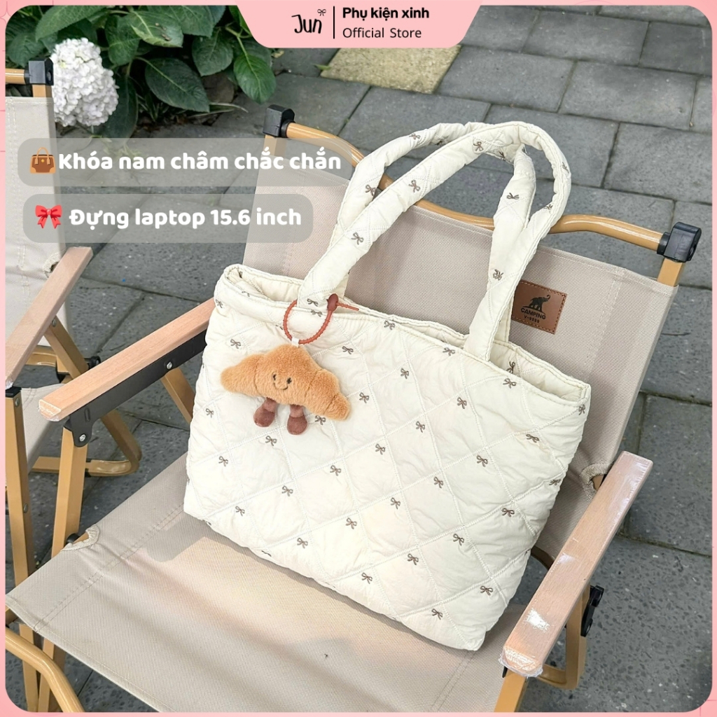 Túi tote nữ chần bông thêu nơ JunStore có khuy bấm form rộng nhẹ túi xách đi học đi làm du lịch T16