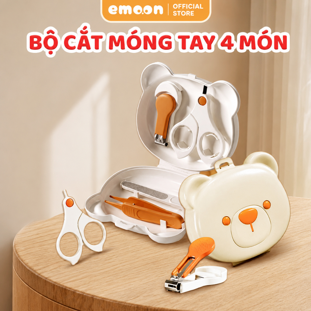 Bộ cắt móng tay 4 món cho bé hình gấu Emoon chống kẹp thịt an toàn, tiện lợi cho mẹ và bé