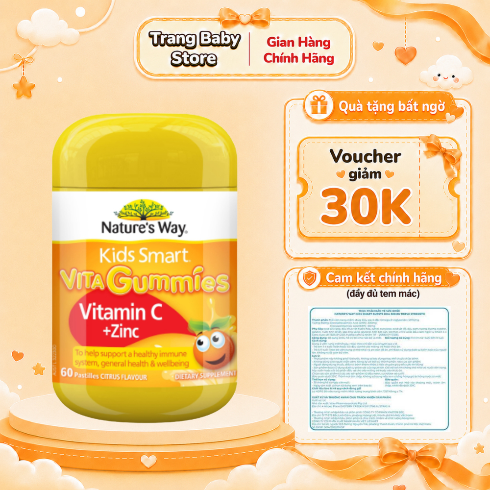 Kẹo Dẻo vitamin Nature’s Way Kids Smart Vitamin C Zinc 60 Viên Bổ Sung Kẽm Và Vitamin C Cho Trẻ
