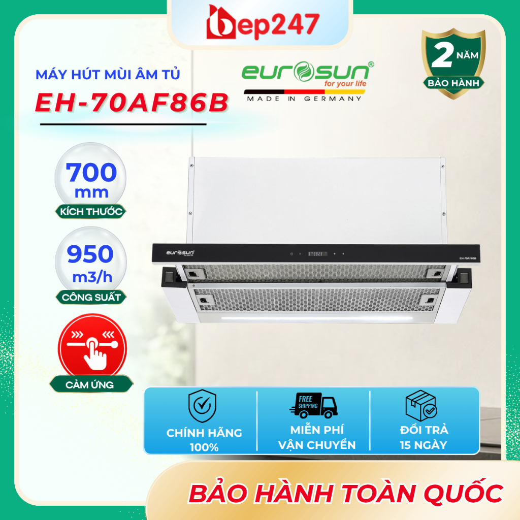 Máy Hút Mùi Âm Tủ Eurosun EH-70AF86B 70cm | Cảm Ứng 3 Tốc Độ | Hút 950m³/h | Than Hoạt Tính | Động C