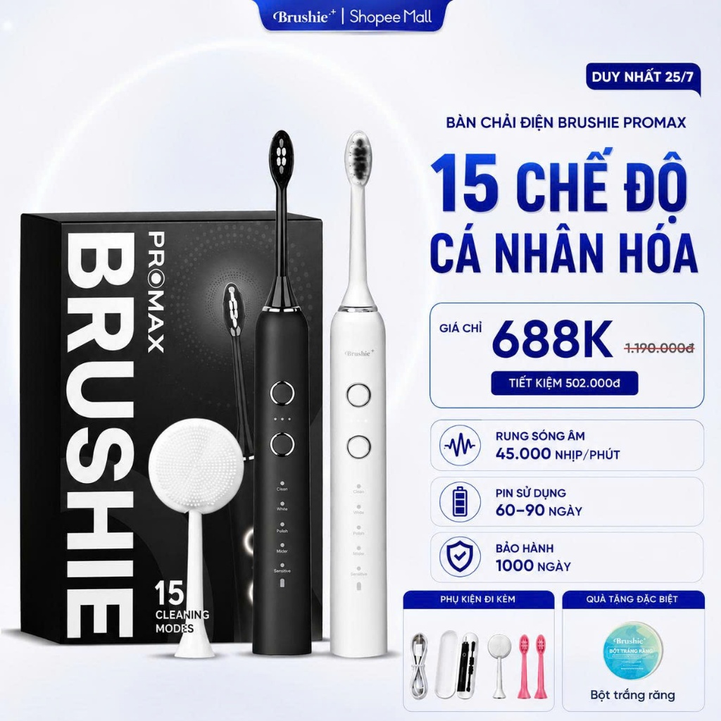 [SĂN 688K LIVE SHOP] Bàn Chải Điện BRUSHIE Promax 15 Chế Độ Làm Sạch Chuyên Nghiệp Phù Hợp Răng Nhạy
