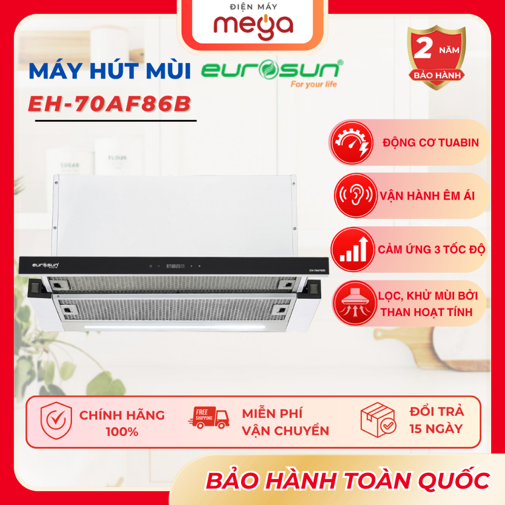 Máy Hút Mùi Âm Tủ Eurosun EH-70AF86B Điều Khiển Cảm Ứng Công Suất Hút 950M3/H Đèn Led Lưới Inox 5 Lớ