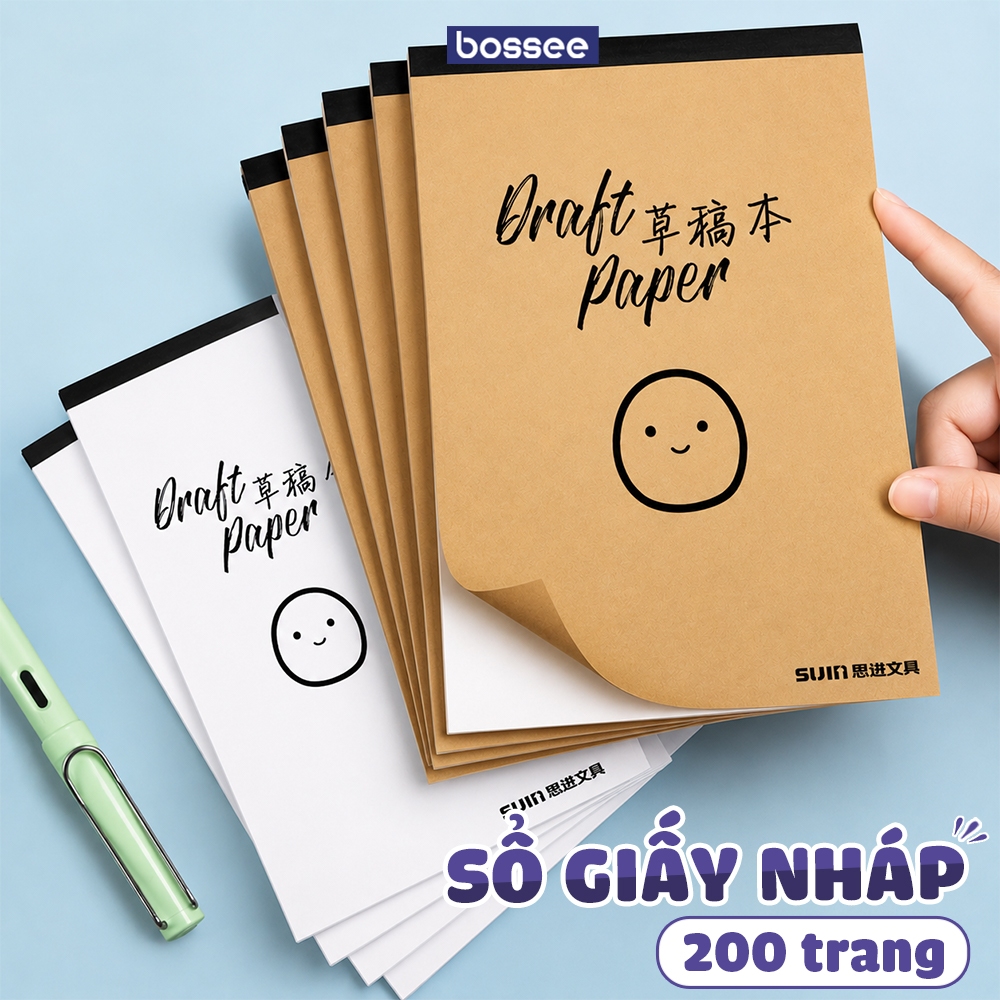 Sổ giấy ghi chú 200 trang, giấy nháp, sổ tay ghi chép - Sổ nháp bìa kraft giấy trắng, sổ tay lật dọc